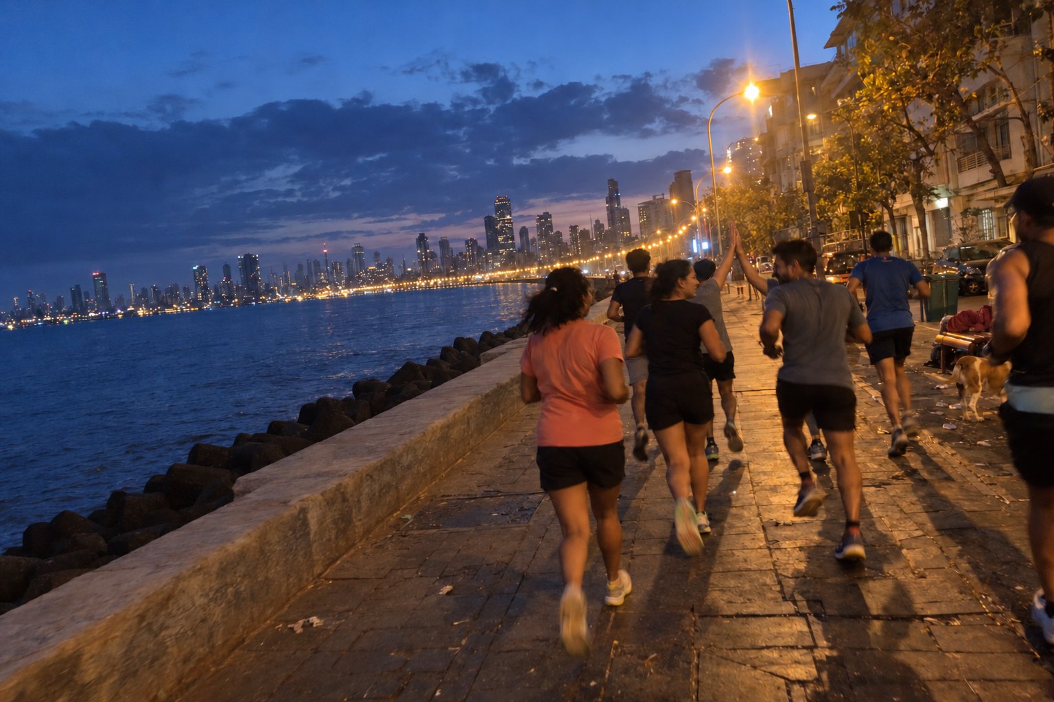 Runners bunched together on the Marine Drive promenade before dawn, the Queen’s Necklace lights ahead and a stray dog trotting alongside